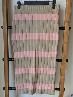 NWT Hem & Thread Ribbed Knit Stripe Midi Skirt in Pink and Tan